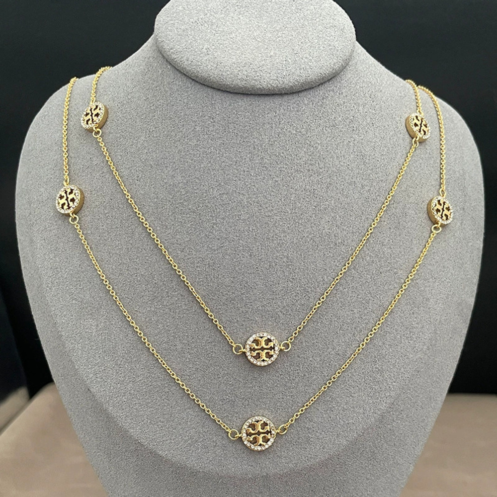 Tory Burch Gold Plated Double Micro Pave Circle Necklace Long Layering Sweater